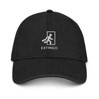 Casquette noire avec logo "EXTINGO" et icône de sortie de secours.