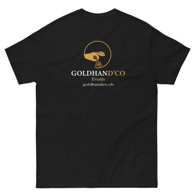 T-shirt noir avec le logo doré de Goldhand et l'adresse du site web.